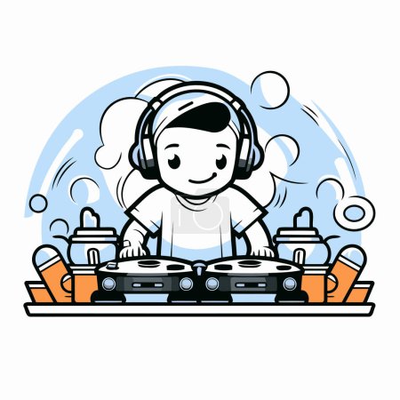 Téléchargez les illustrations : Joli garçon DJ jouant de la musique sur la platine. Illustration vectorielle. - en licence libre de droit