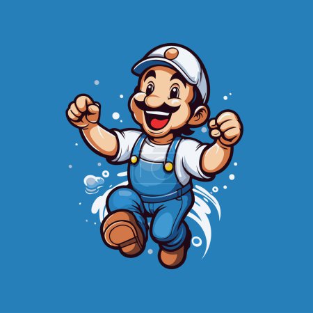 Illustration for Vector illustration of a happy little boy in overalls and cap jumping - Royalty Free Image