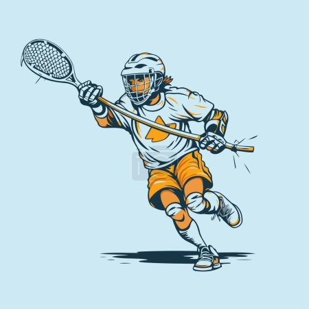 Téléchargez les illustrations : Lacrosse joueur action dessin animé sport vecteur graphique. Illustration dessinée main - en licence libre de droit