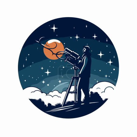 Téléchargez les illustrations : Astronaute avec télescope dans le ciel nocturne. Illustration vectorielle. - en licence libre de droit