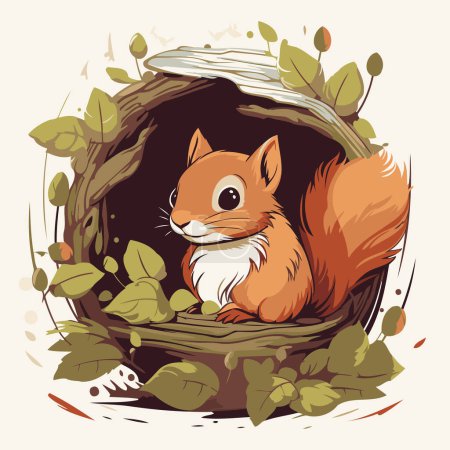 Illustration for Vector illustration of a squirrel sitting in a nest with leaves and branches - Royalty Free Image