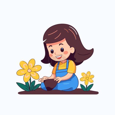 Téléchargez les illustrations : Jolie petite fille plantant des fleurs dans le jardin. illustration vectorielle de dessin animé. - en licence libre de droit