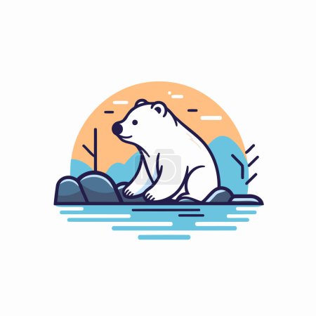 Polar bear on the river. Vector illustration in thin line style.