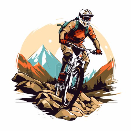 Illustration for Mountain bike rider in the mountains. Vector illustration of a mountain biker in the mountains. - Royalty Free Image