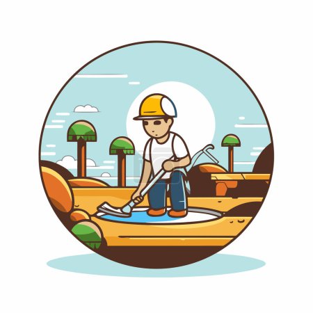 Téléchargez les illustrations : Illustration d'un homme vêtu d'un casque ramant un bateau - en licence libre de droit