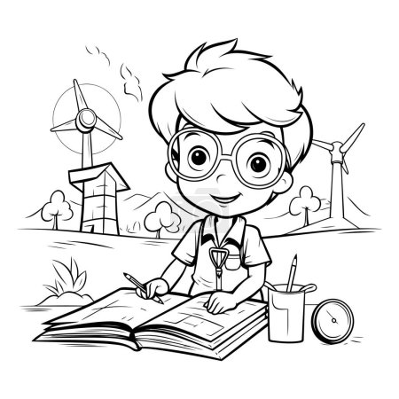 Téléchargez les illustrations : Illustration de dessin animé noir et blanc d'un enfant lisant un livre sur les éoliennes ou les moulins à vent pour colorier un livre - en licence libre de droit