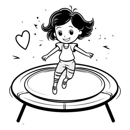 Ilustración de Ilustración de dibujos animados en blanco y negro de una niña saltando sobre un trampolín - Imagen libre de derechos