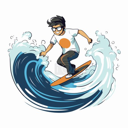 Illustration for Vector illustration of a young man riding a surfboard on a wave - Royalty Free Image