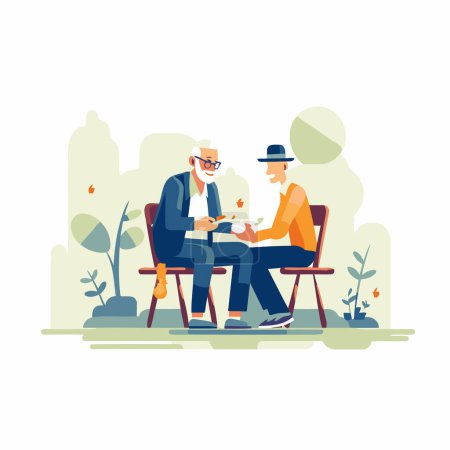 Téléchargez les illustrations : Couple âgé assis sur un banc dans le parc. Illustration vectorielle plate. - en licence libre de droit