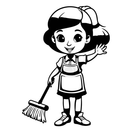 Cute girl sweeping the floor. black and white vector illustration.