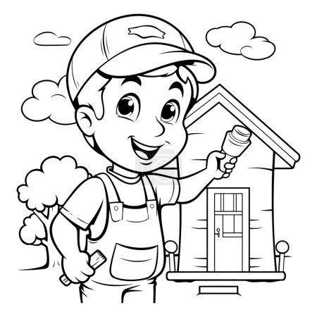 Ilustración de Ilustración en blanco y negro de un niño con mono reparando una casa. - Imagen libre de derechos