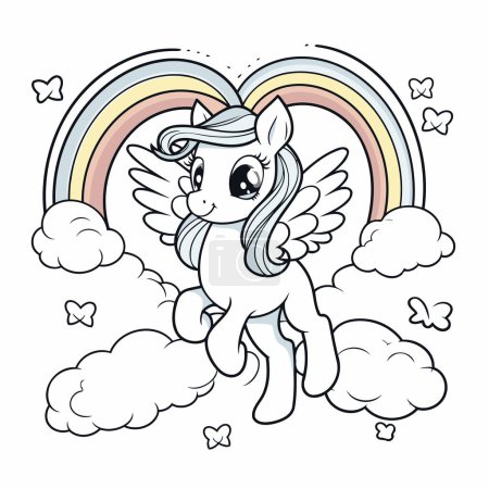 Ilustración de Lindo unicornio de dibujos animados en las nubes con arco iris. Ilustración vectorial. - Imagen libre de derechos