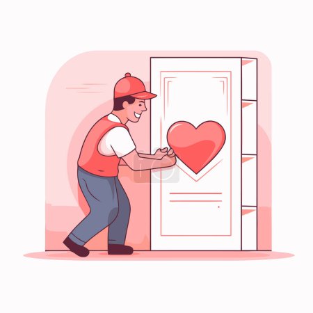Illustration for Courier delivery man delivering parcel box with heart vector illustration. - Royalty Free Image