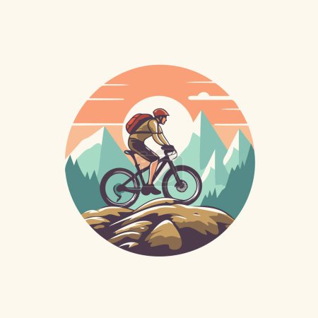 Illustration for Mountain biker vector illustration in flat style with mountain landscape and forest background. - Royalty Free Image