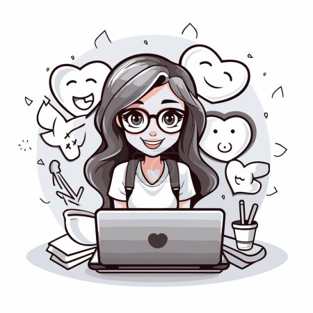 Ilustración de Ilustración vectorial de una chica con gafas y portátil. Estilo de dibujos animados. - Imagen libre de derechos