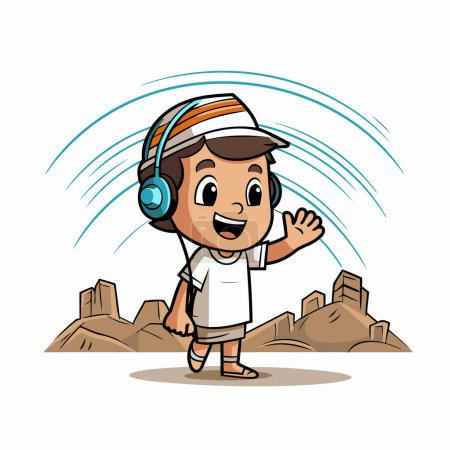 Illustration for Cute boy listening to music on the beach cartoon vector illustration graphic design - Royalty Free Image