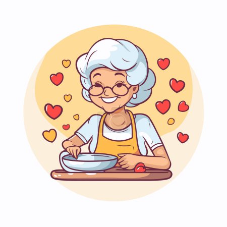 Téléchargez les illustrations : Femme âgée cuisinant dans la cuisine. Illustration vectorielle de bande dessinée. - en licence libre de droit