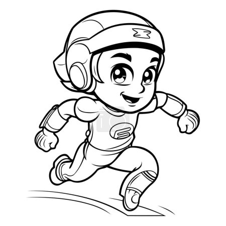 Cute astronaut running - Black and White Cartoon Illustration. Vector
