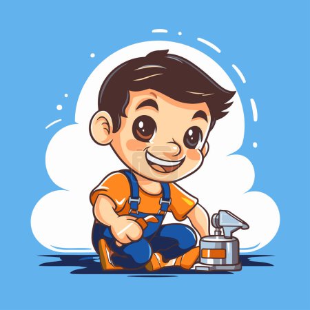 Ilustración de Lindo niño de dibujos animados jugando con pistola de agua. Ilustración vectorial. - Imagen libre de derechos