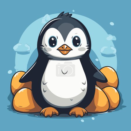 Téléchargez les illustrations : Mignon pingouin assis sur une pierre. Illustration vectorielle de dessin animé. - en licence libre de droit