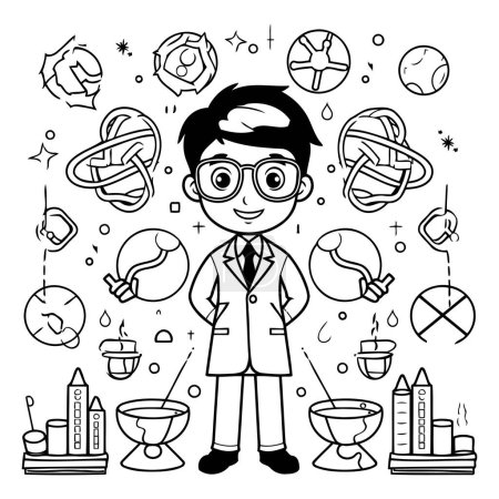 Illustration for Black and white vector illustration of a boy in a science class. - Royalty Free Image