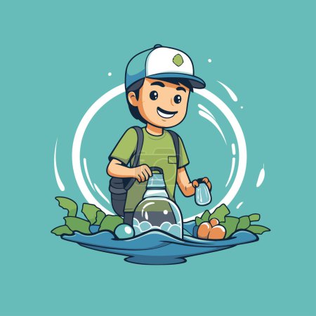 Illustration for Cartoon boy with a bottle of water. Vector illustration in flat style - Royalty Free Image