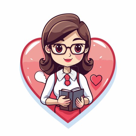 Illustration for Cute cartoon school girl with book and heart. Vector illustration. - Royalty Free Image