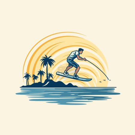 Téléchargez les illustrations : Surfeur sur l'île. Illustration vectorielle d'un homme sur une planche de surf. - en licence libre de droit