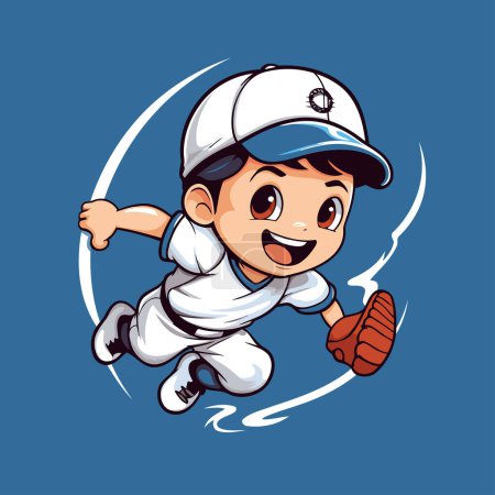 Téléchargez les illustrations : Mignon joueur de baseball illustration vectorielle de personnage de dessin animé isolé sur fond bleu. - en licence libre de droit