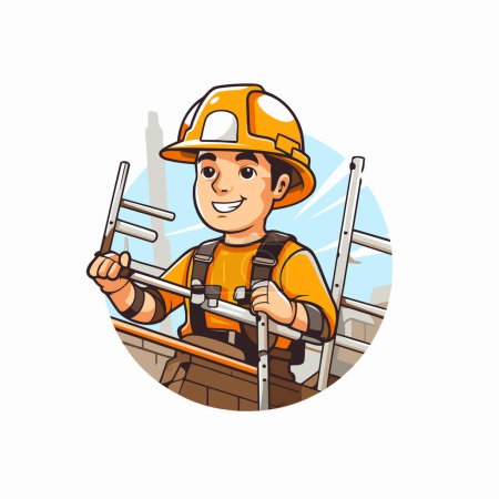 Illustration for Builder worker with ladder. Vector illustration in cartoon style on white background. - Royalty Free Image