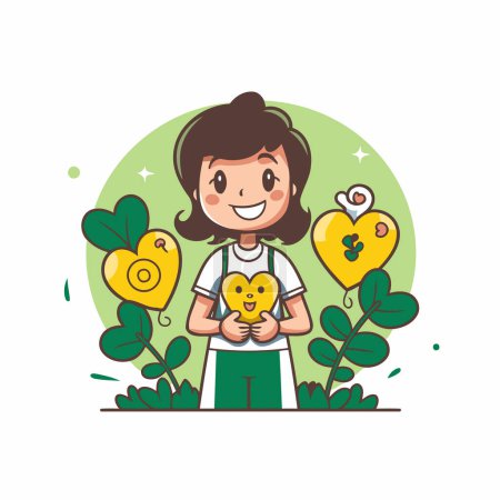 Illustration for Cute little girl holding a cute little chicken. Vector illustration. - Royalty Free Image