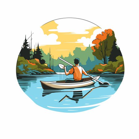 Illustration for Man rowing a canoe on the lake. Vector illustration in retro style. - Royalty Free Image