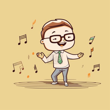 Téléchargez les illustrations : Homme d'affaires dansant avec des notes de musique. Illustration vectorielle dans le style dessin animé. - en licence libre de droit