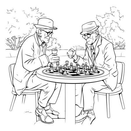 Illustration for Two elderly men playing chess in the park. Black and white vector illustration. - Royalty Free Image
