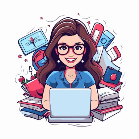 Illustration for Vector illustration of a girl with glasses working on a laptop at home. - Royalty Free Image