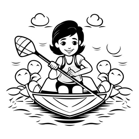 Illustration for Black and White Cartoon Illustration of Little Girl Rafting a Canoe or Kayak with Her Family or Friends on the Water - Royalty Free Image