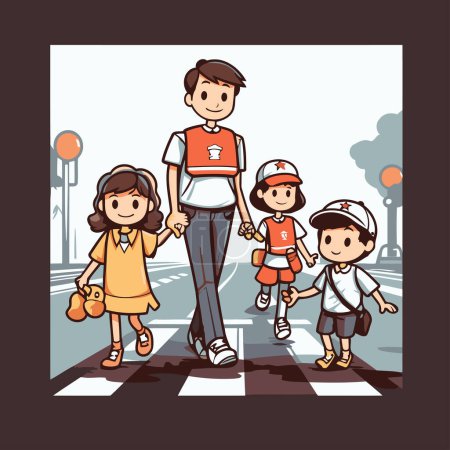 Téléchargez les illustrations : Père et ses enfants traversent la rue. Illustration vectorielle dans le style dessin animé. - en licence libre de droit