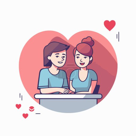 Illustration for Vector illustration of a couple in love sitting at the table in a cafe. - Royalty Free Image