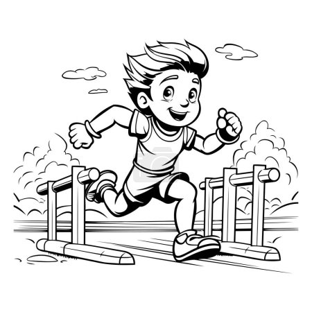 Téléchargez les illustrations : Un garçon qui court dans le parc. Illustration vectorielle noir et blanc pour livre à colorier. - en licence libre de droit