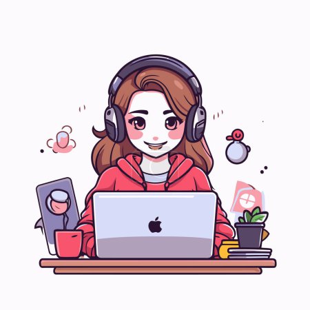 Illustration for Young woman working at home with laptop and headphones. Vector illustration. - Royalty Free Image