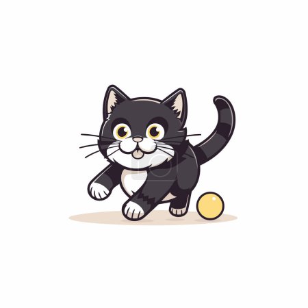 Téléchargez les illustrations : Mignon dessin animé chat noir jouant avec une balle. Illustration vectorielle. - en licence libre de droit
