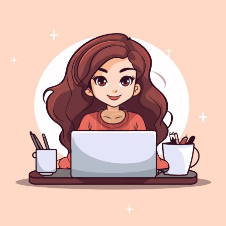 Illustration for Girl with laptop and cup of coffee. Vector illustration in cartoon style. - Royalty Free Image