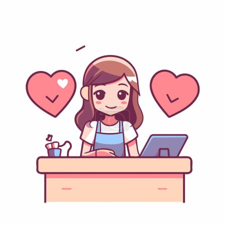 Illustration for Cute little girl working at home with laptop. Vector illustration. - Royalty Free Image