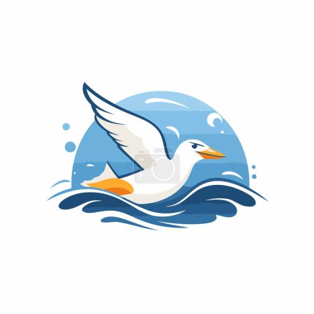 Illustration for Flying seagull vector logo template. Sea and ocean waves. - Royalty Free Image