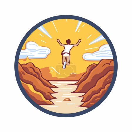 Illustration for Man jumping in the desert. Vector illustration in a flat style. - Royalty Free Image