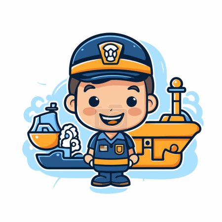 Cute sailor boy with ship and boat vector cartoon character design.