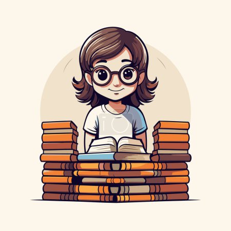 Illustration for Cute little girl with glasses reading a book. Vector illustration. - Royalty Free Image