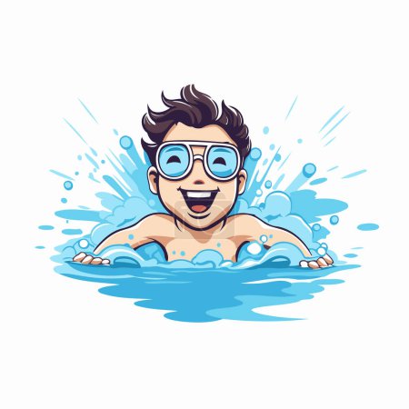 Illustration for Vector illustration of a young man swimming in the pool with glasses. - Royalty Free Image
