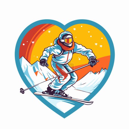 Téléchargez les illustrations : Illustration vectorielle d'un skieur dans un cadre en forme de cœur avec des montagnes en arrière-plan - en licence libre de droit