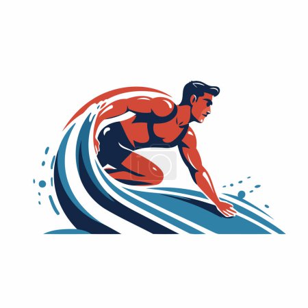 Illustration for Swimmer on a surfboard. Vector illustration on a white background. - Royalty Free Image